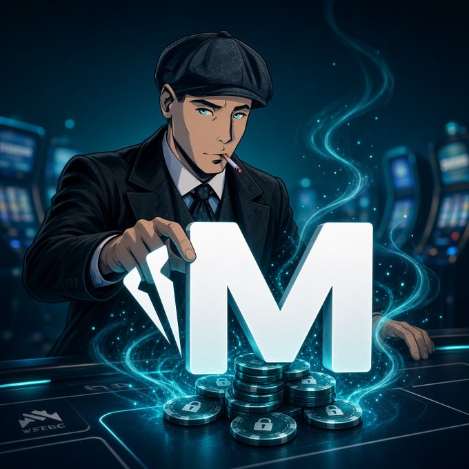 An anime-style illustration of a man in a cap and suit smoking a cigarette, touching a large glowing 'M' symbol with stacks of cryptocurrency coins at its base.