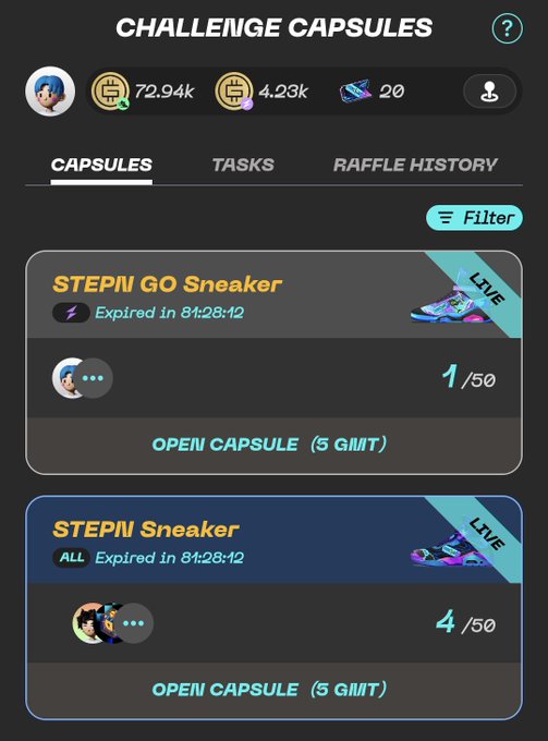 The image shows two challenge capsules on a phone screen for sale, with one set labeled "Stepn Go Sneaker" and another set named "Open Cap". Both items are priced at $1 each. The caption of the post is "Stepn #stepng og a new challenge capsule has arrived." In this case, we can see that it's the first order of these capsules, and they both have been ordered with difficulty levels of Common.