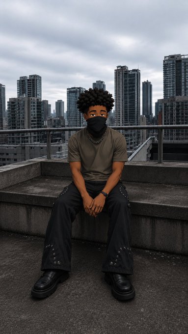 The image shows an adult male wearing black clothes sitting on the edge of a building while looking at the camera. He appears to be wearing a mask. In the background, there are tall buildings with many floors that seem out of focus due to their distance from the viewer. The image also contains text that reads "good morning winners while most people focus on short term price action , i'm paying attention to how the ecosystem keeps expanding. with @RiverdotInc and @ River4fun, $RIVER continues to grow beyond a simple token. staking gives the community a stronger voice, encourages". The main subject is likely more interested in observing his surroundings rather than focusing on the camera.