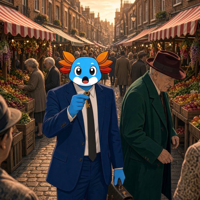 A blue axolotl-like creature in a blue business suit and tie holding keys and a briefcase stands next to an older man in a green coat and brown hat on a vintage market street.