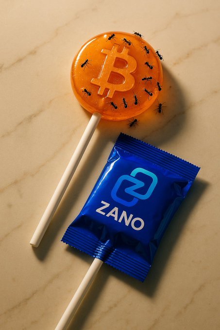 An orange Bitcoin-themed lollipop sits next to a blue wrapped candy labeled 'ZANO', with small black ants crawling on the lollipop, placed on a marble surface.