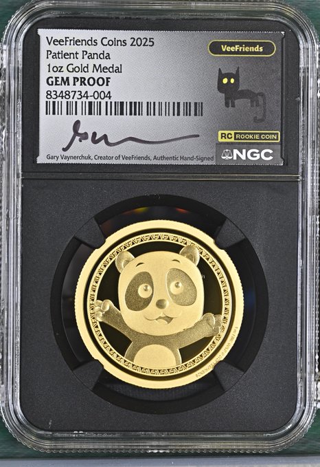 An NGC-graded VeeFriends Coins 2025 "Patient Panda" 1oz Gold Medal labeled GEM PROOF, featuring a panda illustration and Gary Vaynerchuk's authentic signature on the label.