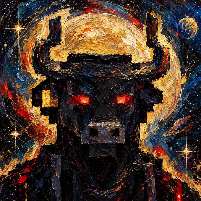 A dramatic dark fantasy painting of a horned, mechanical-looking figure with glowing red eyes, rendered in thick impasto style reminiscent of Van Gogh's swirling cosmic background.