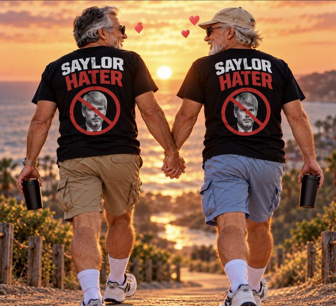 Two older men hold hands while walking along a beach path at sunset, both sporting matching black t-shirts that read "SAYLOR HATER" with a crossed-out photo of Michael Saylor, each carrying a tumbler and playfully sending heart emojis—visually embodying the post's teasing of fellow skeptics who oppose Saylor and MicroStrategy.