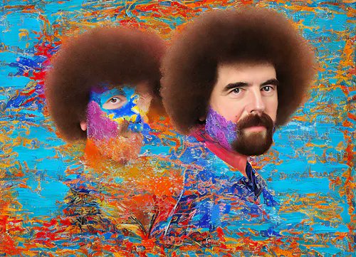 A colorful digital artwork showing two figures with large afros against a vibrant abstract background of blue, red, and orange paint splatters.