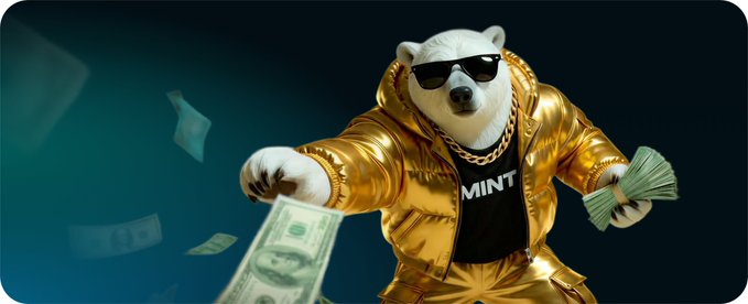 An anthropomorphic polar bear wearing sunglasses, a gold chain, a gold jacket, and a black shirt with 'MINT' printed on it, throwing money into the air.
