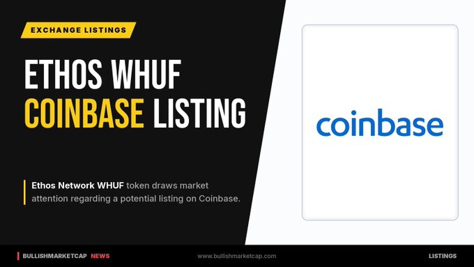 A news graphic from BullishMarketCap titled 'ETHOS WHUF COINBASE LISTING' with the Coinbase logo, noting that the Ethos Network WHUF token draws market attention regarding a potential listing on Coinbase.