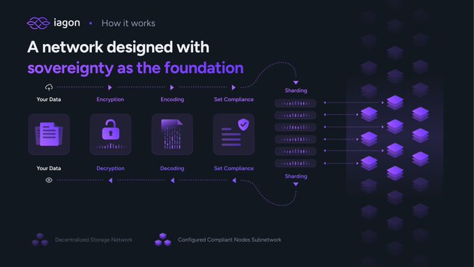 An informational graphic for 'iagon' titled 'A network designed with sovereignty as the foundation,' illustrating a data flow process through Encryption, Encoding, Sharding, Set Compliance, and a Decentralized Storage Network.
