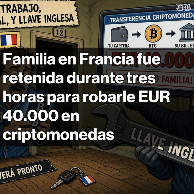 An illustration with Spanish text overlay reading 'Familia en Francia fue retenida durante tres horas para robarle EUR 40.000 en criptomonedas,' depicting a crypto theft scenario.