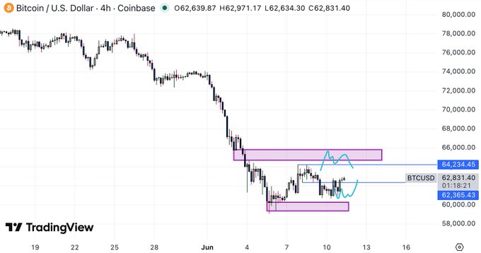 The image depicts a chart showing the price levels of Bitcoin, as well as various other cryptocurrency symbols such as Litecoin, Ripple, Ethereum, and others. The chart appears to be a forecast or pricing graph with some analysis provided within the caption.