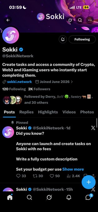 A mobile screenshot of the 'Sokki' Twitter profile (@SokkiNetwork), describing it as a community for Crypto, Web3, and iGaming users to complete tasks, with a pinned tweet about launching tasks with no fees.