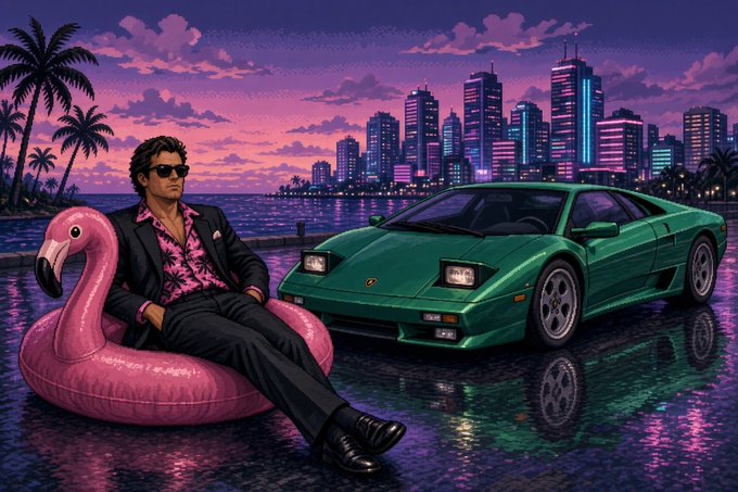 A pixel-art style digital illustration of a man in a black suit and pink shirt lounging on a pink flamingo pool float next to a green Lamborghini Diablo, set against a neon-lit city skyline at sunset.