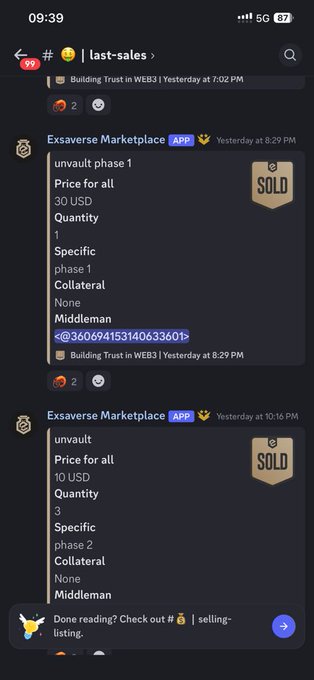 A Discord channel screenshot showing Exsaverse Marketplace NFT listings for 'unvault phase 1' and 'phase 2' with SOLD tags.