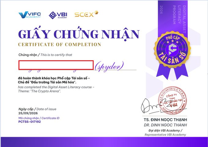 The image is a Certificate of Completion from VIFC Academy, VBI Academy, and SCEX, awarded on 25/09/2026 with Certificate ID PCTSS-017192, certifying that the recipient has completed the "Digital Asset Literacy course - Theme: 'The Crypto Arena'." The accompanying post celebrates earning this certificate after learning about crypto from SCEX exchange and VBI Academy.