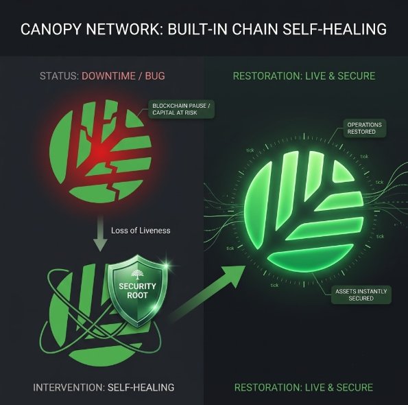 The image shows three different versions of a logo for a company called Canopy Network. The logos are displayed side by side with arrows pointing from one version to another, indicating changes or updates made over time. The first logo has a red circle with a green leaf inside and is accompanied by the text "Canopy Network: Built-in chain self-healing". The second logo features a green circle with a white leaf inside and displays the text "Restoration Live & Secure". The third logo shows a green circle with a red leaf inside, and it has the text "Loss of liveness. @CNPYNetwork Network introduces a massive shift here: built-in chain self-healing."