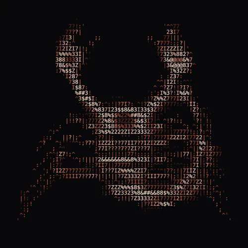 An ASCII art image forming the shape of a person or object using characters, numbers, and symbols in dark red and gray tones on a black background.
