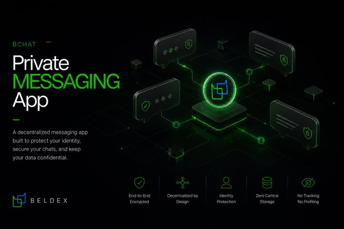 Beldex promotional graphic for 'BCHAT Private MESSAGING App', a decentralized messaging platform emphasizing end-to-end encryption and identity protection.