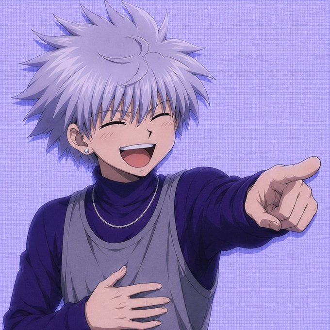 An anime character with spiky white-lavender hair, wearing a gray tank top over a dark long-sleeve turtleneck, points to the side while laughing with his eyes closed. The image pairs with the post as a cheerful, carefree greeting matching the "good morning world" and "touch grass" sentiment of stepping away from trading.