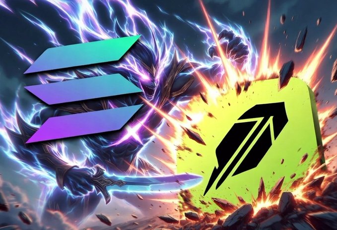 A battle-themed image pitting the Solana logo (purple gradient) against the Robinhood logo (green "R") with a warrior holding a glowing sword clashing between them, visually representing the post's claim that Robinhood Chain will fail and users will return to Solana as the dominant "meme chain."