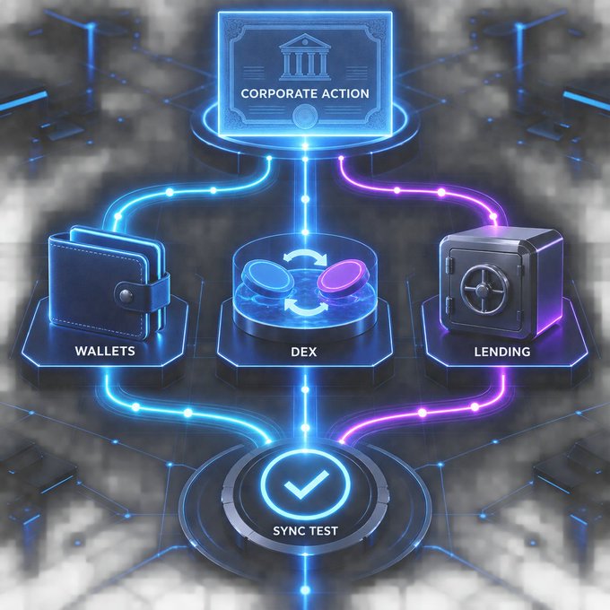 A glowing blue and purple digital diagram illustrates a network connecting 'CORPORATE ACTION', 'WALLETS', 'DEX', 'LENDING', and 'SYNC TEST' modules with flowing neon lines.