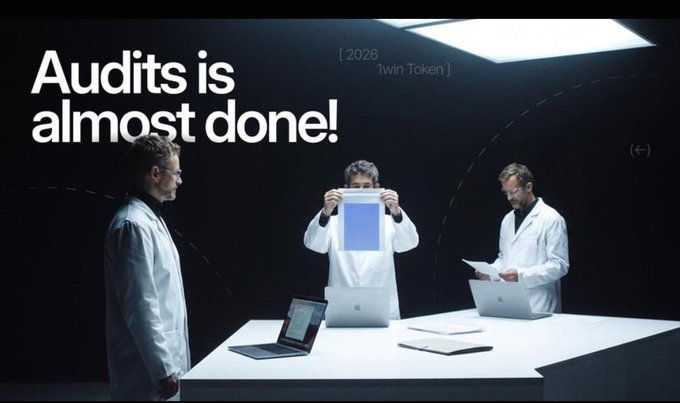 A promotional graphic reading 'Audits is almost done!' for a project named '1win Token' ([2026]), featuring three men in lab coats examining documents and screens.