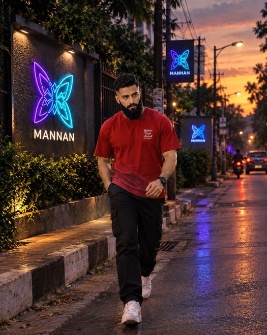 A man in a red t-shirt and black pants walks down a wet street at dusk, illuminated by neon blue and pink 'MANNAN' butterfly signs.