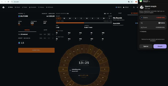 The image shows a computer screen displaying a clock that reads 13:25, with a timer showing that there are 10 minutes left until the round ends. The screen also displays information about a mining operation, including details such as the number of coins mined by each user and their respective balances. A user named @zinc_cash has joined the mining operation at this point in time, and they have invested 1.5 Solana equally across all numbers. There are 10 minutes left until the round ends, and the post suggests that once the round ends, the result will be shared with interested users.