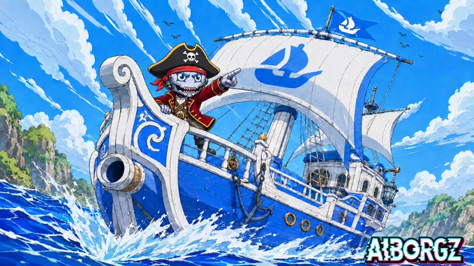 An anime-style illustration of a blue and white pirate ship sailing on ocean waves, with a skeleton pirate wearing a red coat and skull hat pointing forward, branded with 'AIBORGZ'.
