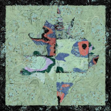 An abstract, textured mixed-media artwork featuring fragmented shapes in red, pink, blue, and green arranged in a cross-like pattern on a yellowish background.