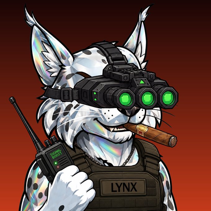 An illustrated anthropomorphic lynx character wearing tactical night vision goggles, a vest labeled 'LYNX', smoking a cigar, and holding a radio displaying 'SIGNAL BOOST' against a red background.