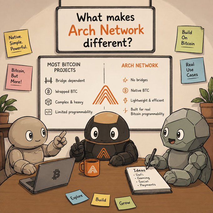 An illustrated comparison chart titled 'What makes Arch Network different?' comparing Most Bitcoin Projects (bridge dependent, wrapped BTC) to Arch Network (no bridges, native BTC), featuring three cartoon characters around a table.