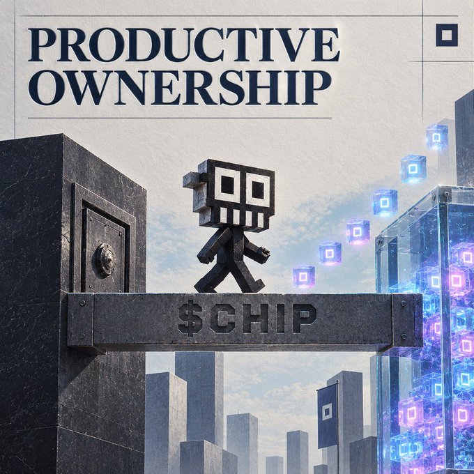 A digital illustration featuring a blocky, pixel-art character standing on a bridge labeled '$CHIP' with the text 'PRODUCTIVE OWNERSHIP' above, set against a city skyline and floating cubes.