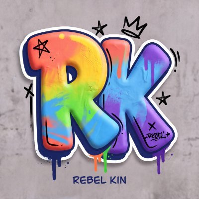 A colorful graffiti-style sticker or logo featuring the letters 'RK' dripping in rainbow paint, with a small crown above and stars on the sides, labeled 'REBEL KIN' at the bottom.