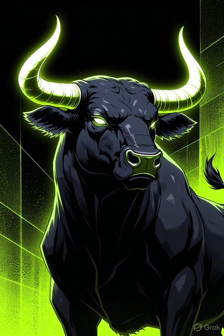 A stylized digital illustration of a black bull with glowing neon green horns and eyes against a green background, signed 'Grok'.