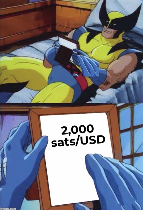 A Wolverine X-Men meme showing the character lying in bed reading a book titled '2,000 sats/USD', referencing Bitcoin's satoshi unit relative to USD value.