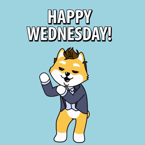 urnagus dancing with a mustache and bowtie, surrounded by the text "Happy Wednesdays!"