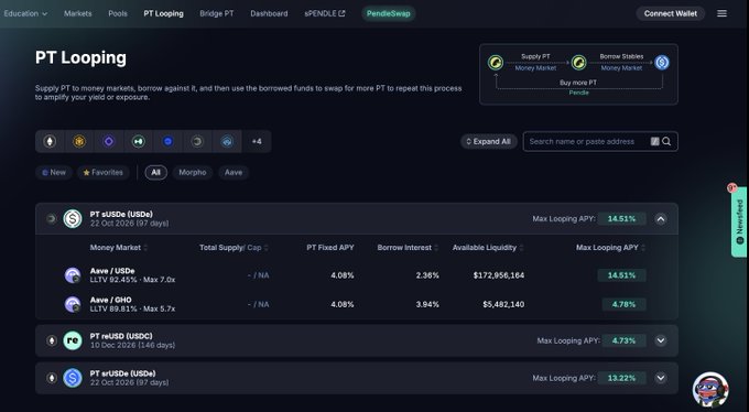 A Pendle Finance 'PT Looping' interface showing yield opportunities for PT sUSDs, PT stUSDs, and PT sUSDe with various money market options and APY rates.
