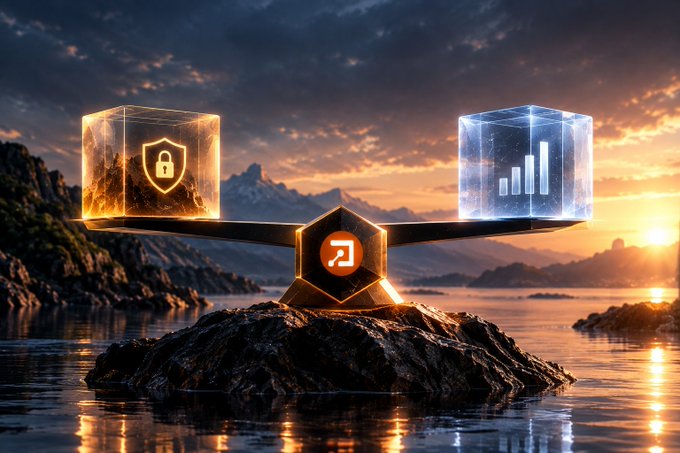 A digital artwork showing a glowing scale balanced on a rock in the ocean, with one cube showing security/lock symbols and the other showing a signal bar chart.
