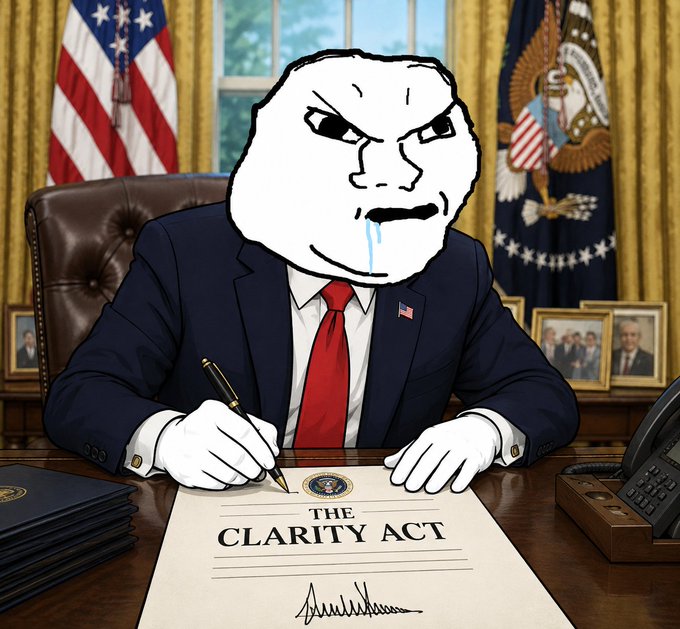 A cartoon illustration of a Wojak-style character in a suit sitting at the Oval Office desk signing a document titled 'THE CLARITY ACT' with American flags and presidential seals in the background.