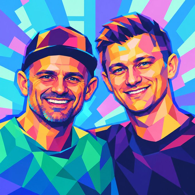 A colorful pop art style digital illustration featuring two smiling men side-by-side against a vibrant geometric background.