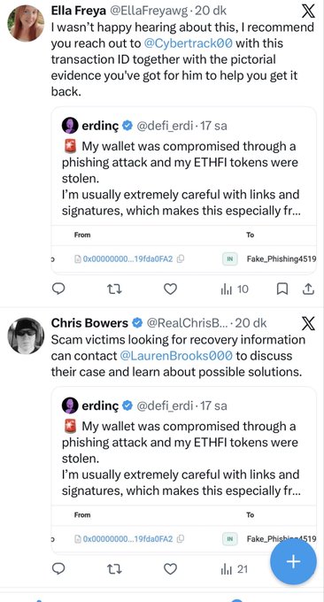 Screenshots of X (Twitter) posts from Ella Freya and Chris Bowers responding to a user named erdinc (@defi_erdi) about a compromised wallet and stolen ETHFI tokens, with visible transaction IDs like '0x00000000...19fda0FA2'.