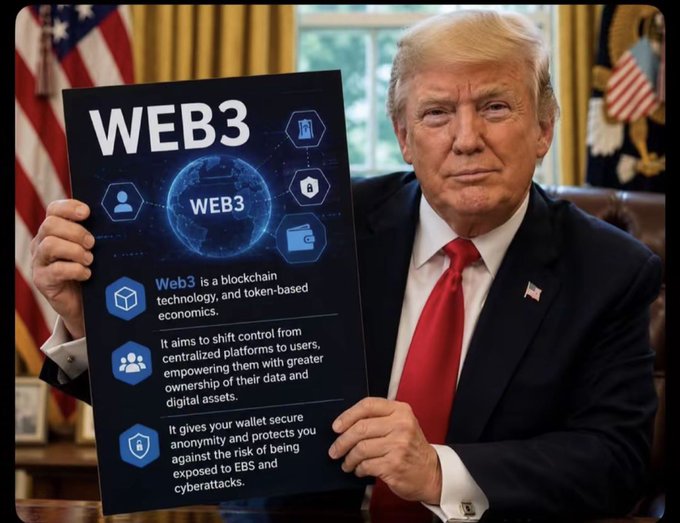 This image shows former US President Donald Trump sitting in the Oval Office, holding a poster with the title "WEB3." The OBAster describes WEB3 as a blockchain technology and token-based economics system designed to provide data and digital asset ownership and protection against EBS and cyberattacks. The accompanying text mentions the release of the final version of the XRP and Crypto Clarity Act, suggesting a prompt to support this development.