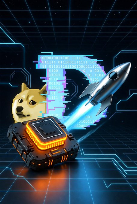 A digital artwork showing a Shiba Inu doge figure on a glowing computer chip with a silver rocket launching beside it, surrounded by binary code in a cyberpunk-style space background.