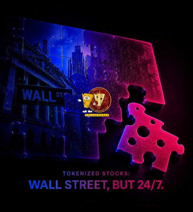 The image features a puzzle piece with a city skyline behind it, along with a sign that reads "Wall Street" and another sign that says "Takenized stocks: Wall Street, but 24/7". The puzzle piece appears to be made of glass or plastic, giving it an interesting visual effect. The text on the signs suggests that there is a connection between the city skyline and the concept of takenized stocks.