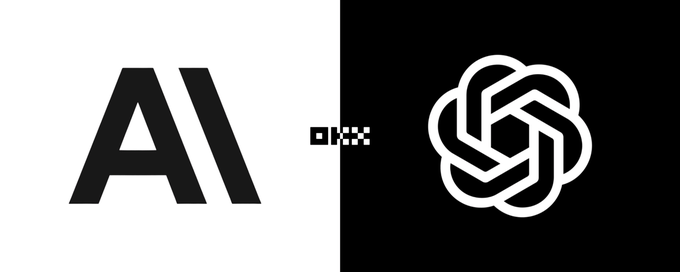 A black-and-white split image shows a large stylized 'A' logo on the left, the word 'OKX' in pixelated font in the middle, and the OpenAI rose logo on the right.