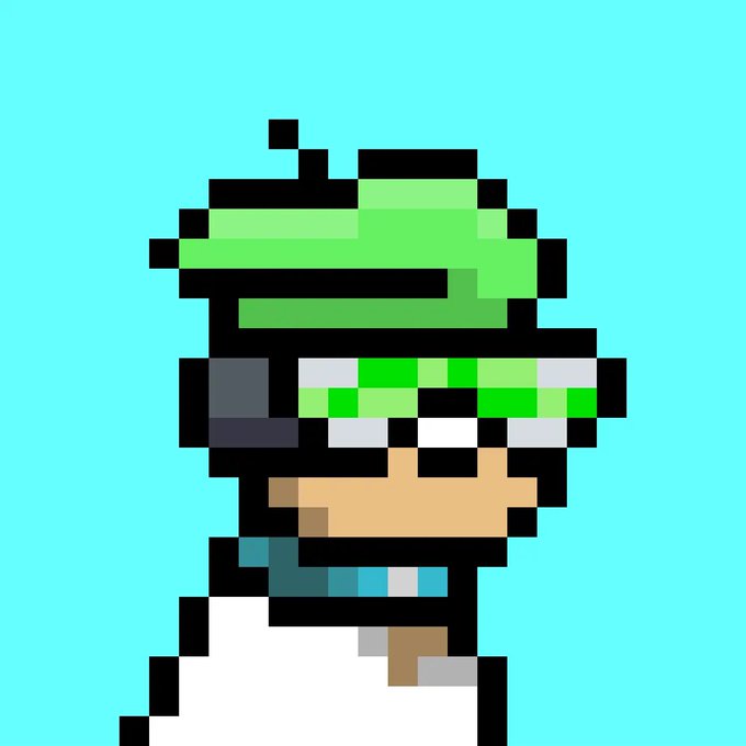 Pixel art of a green-hatted character with sunglasses, resembling Luigi from Super Mario, rendered against a solid turquoise background.