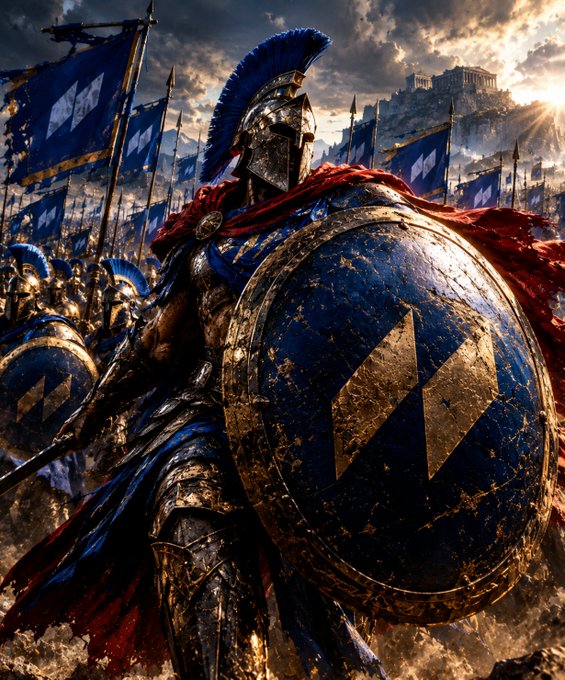 A Roman warrior stands in full battle armor, gripping a large shield emblazoned with the symbol resembling "$DEXTF," with a Greek army and the Acropolis visible in the background. The imagery ties to the post's reference to a Q&A session, framing the Roman figure as the project's leader or symbol, standing strong amid an audience of followers.

**Key visual text/symbols:** The shield prominently displays a stylized emblem that visually mirrors the "$DEXTF" ticker, along with golden detailing and weathered textures suggesting battle and resilience.