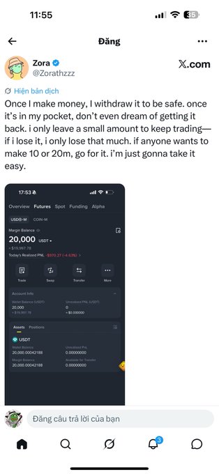A screenshot of an X (formerly Twitter) post by user @Zorathzzz discussing a trading strategy, alongside a Binance wallet screenshot showing a USDT balance of 20,000 and a screenshot of Zora's pinned tweet.