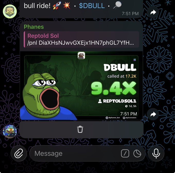 Telegram chat screenshot showing a message from 'Phanes' featuring the $DBULL token (Reptold Sol) with a 9.4X gain called at 17.2K, accompanied by a Pepe-style meme character.