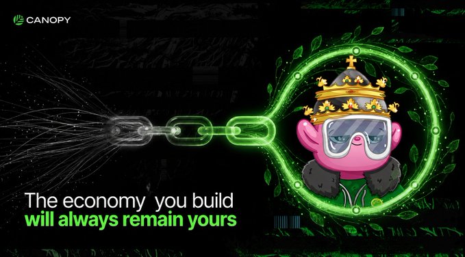 Canopy banner featuring a crowned pink character behind a glowing green chain link, with the Canopy logo and tagline "The economy you build will always remain yours."

The image directly mirrors the post's metaphor: the glowing green chain link symbolizes the complete, interconnected infrastructure Canopy provides, while the crowned character represents the user retaining full ownership and control over the economy they build, rather than being handed scattered raw materials to assemble themselves.